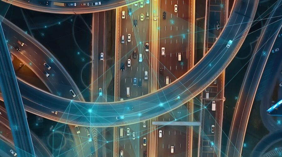 Ai Cars Logistic Autonomous Delivery Traffic Monitoring IoT GPS Satellite Connection 5G Smart City Traffic Junction Highway Establishing Connection Satellites Triangulation Of Transportation Data
